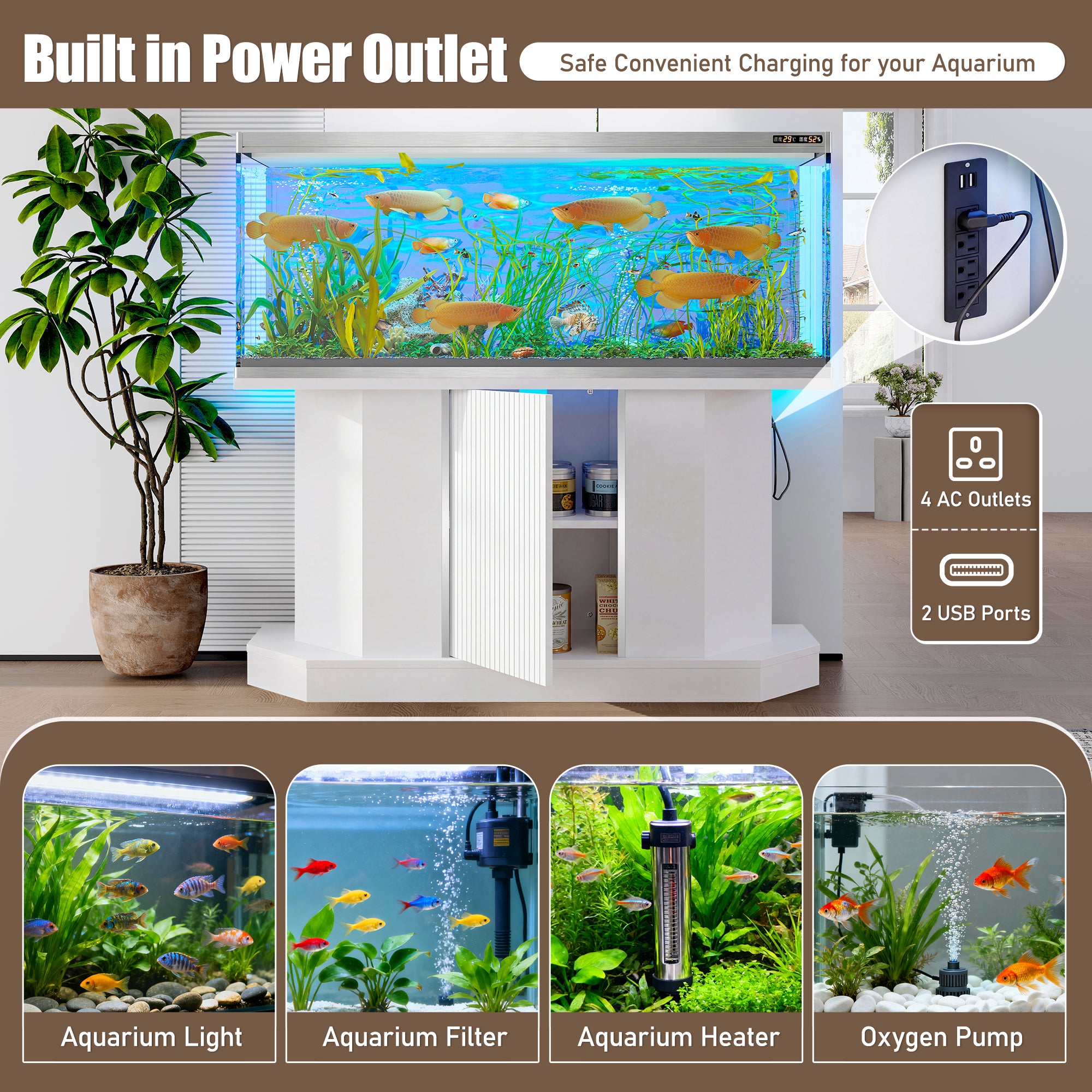 Modern White Aquarium Stand for 55-75 Gallon Tanks – 880 lb Capacity, Built-in Power Outlet & Storage
