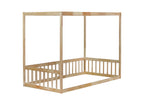 Twin Canopy Frame Floor Bed with Guardrails in Natural Wood