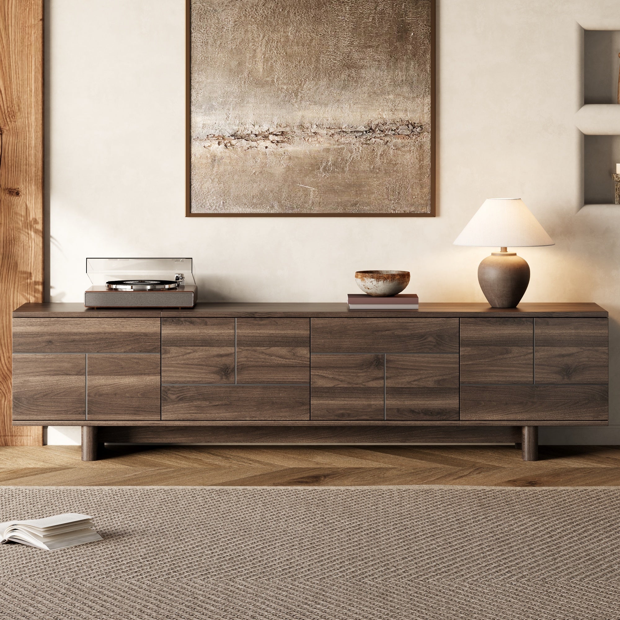 78-inch Modern TV Stand for TVs up to 85", Dark Brown Entertainment Center with Solid Wood Legs, Adjustable Shelves & Ca