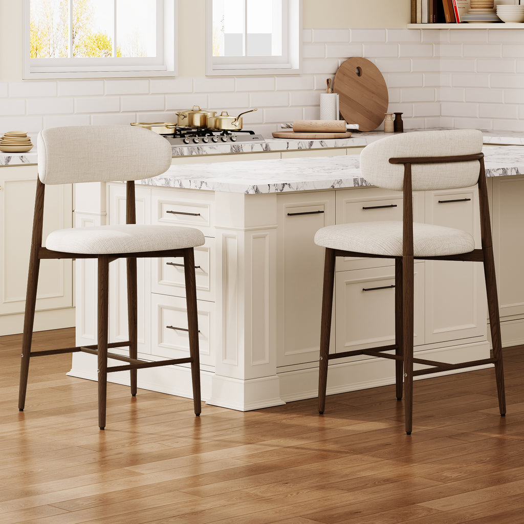 Counter Height Bar Stools Set of 2 – Modern Beige Upholstered Stools with Metal Legs for Kitchen Island