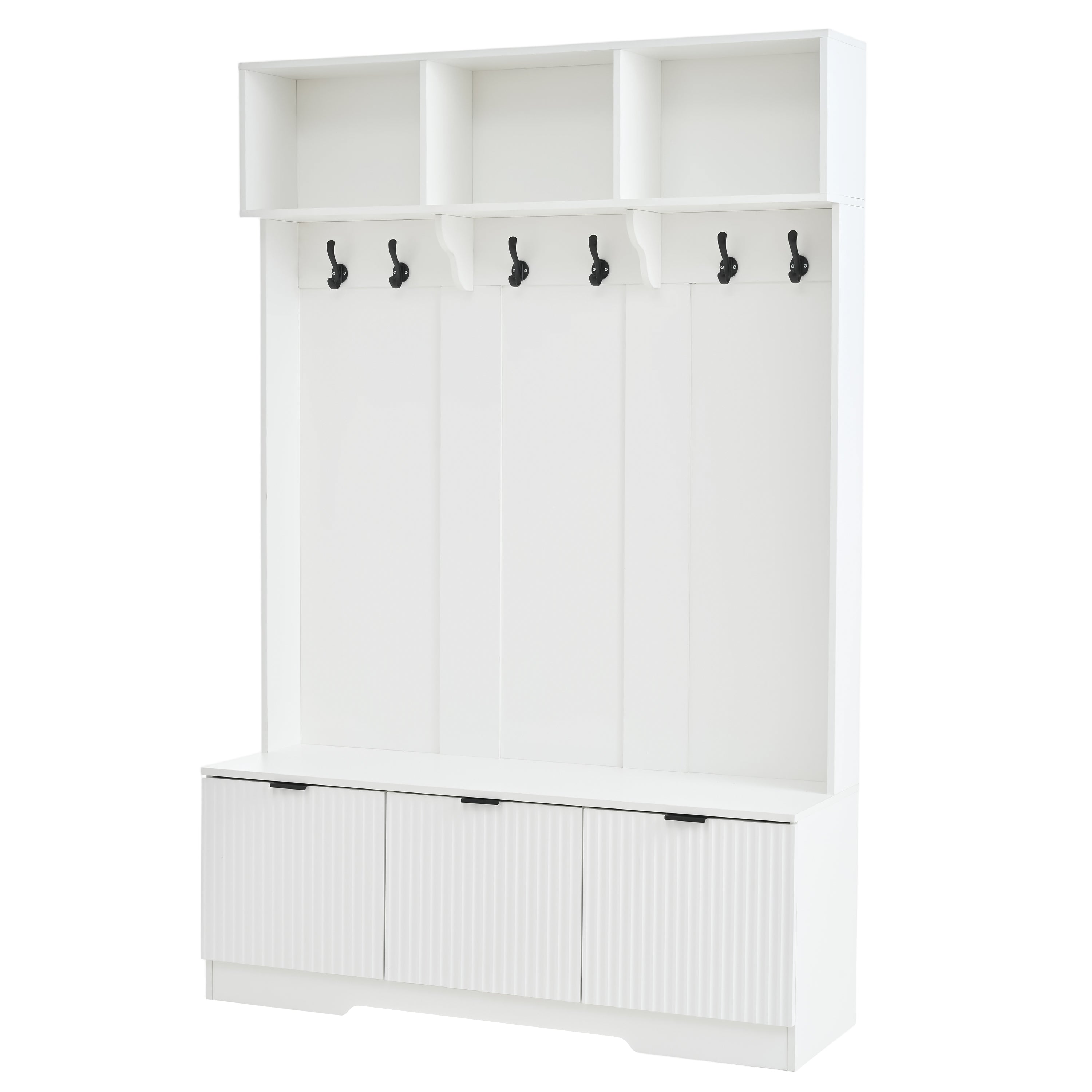 5-in-1 Hall Tree with Bench, Shoe Storage & Open Cabinets – White Modern Entryway Organizer
