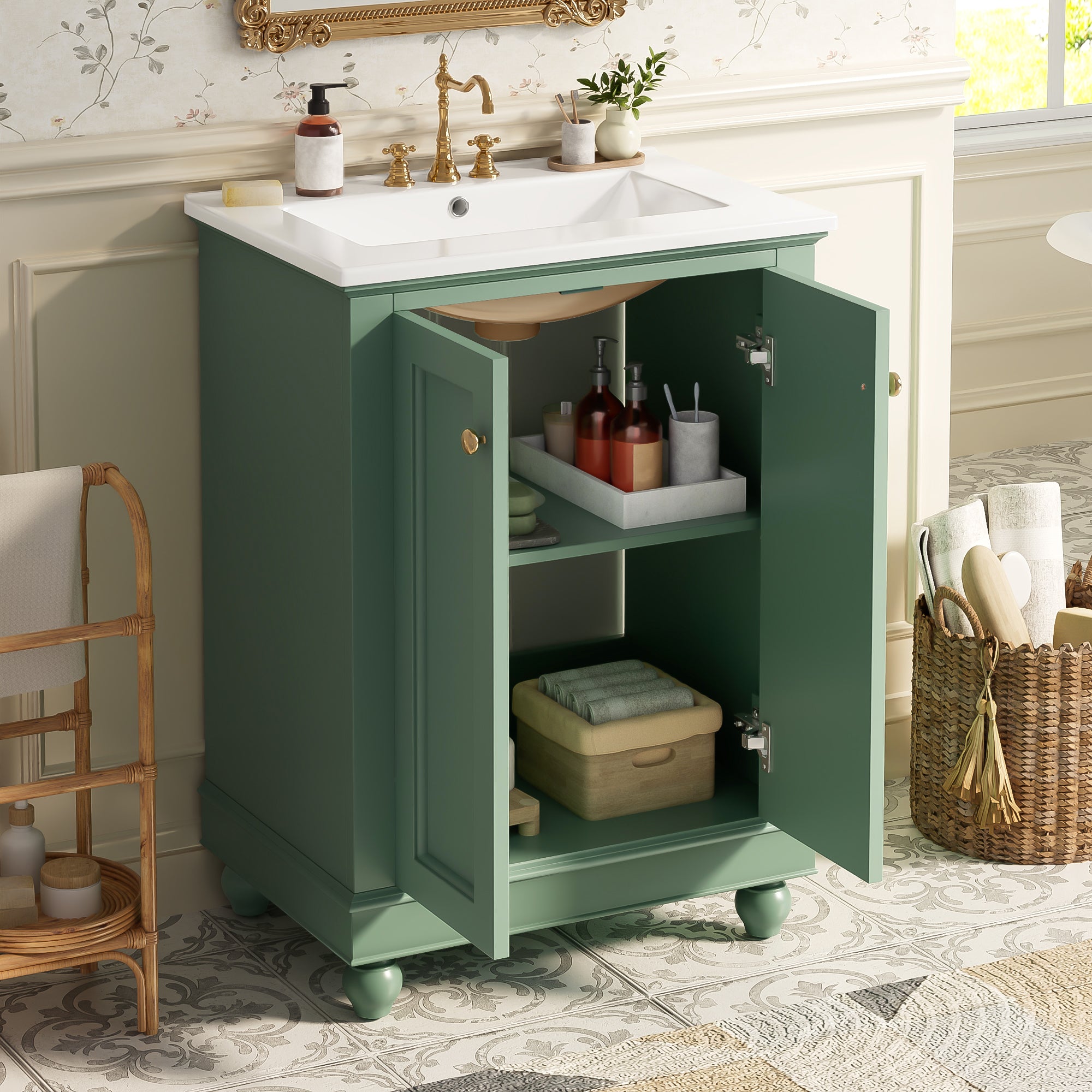 24-Inch Modern Green Bathroom Vanity Cabinet with Ceramic Sink