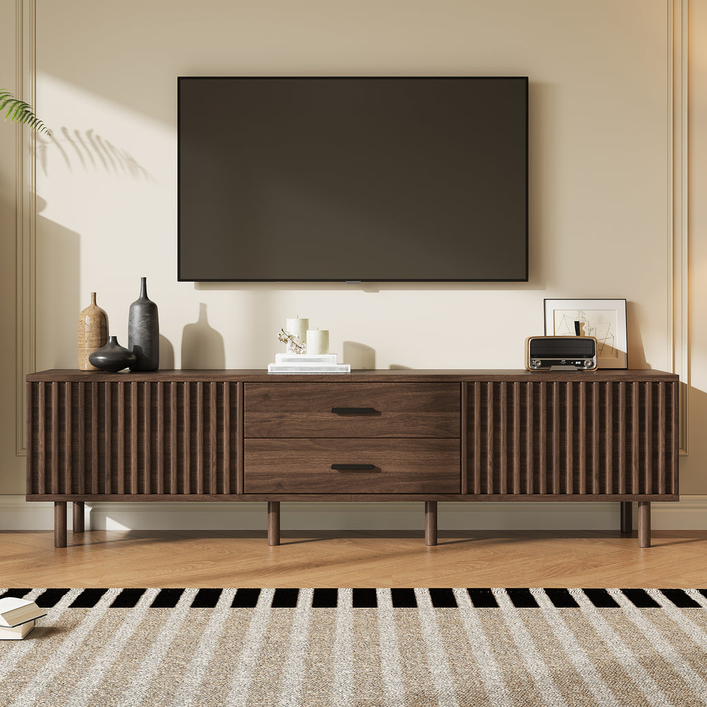 70-inch Modern TV Stand for TVs up to 80 Inches – Dark Brown Wood-Grain with Ample Storage & Solid Pine Legs