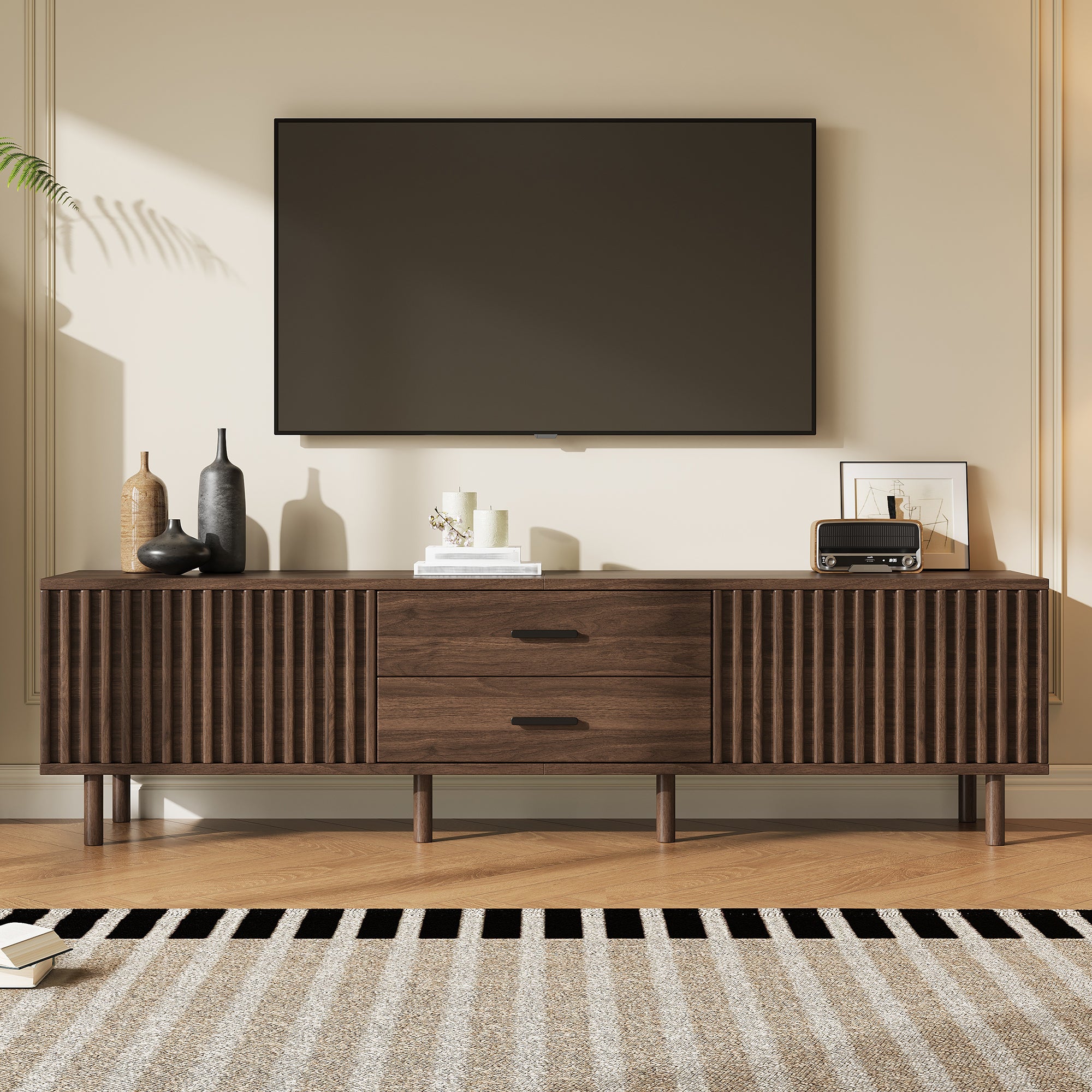 70-inch Modern TV Stand for TVs up to 80 Inches – Dark Brown Wood-Grain with Ample Storage & Solid Pine Legs
