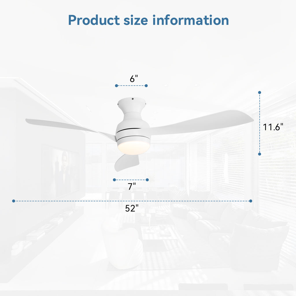 52-inch Low Profile Ceiling Fan with Dimmable Tri-Color LED Light and Quiet DC Motor