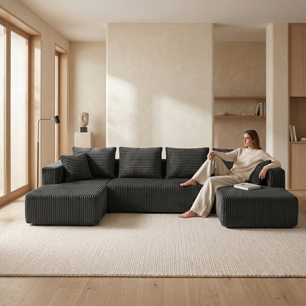 Front view of gray U-shaped corduroy sectional sofa with double chaise in a living room setting