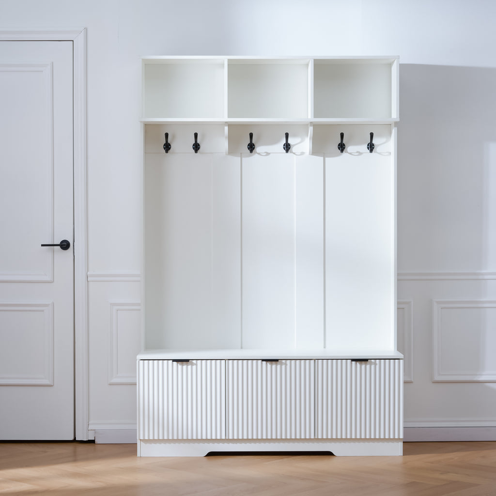 5-in-1 Hall Tree with Bench, Shoe Storage & Open Cabinets – White Modern Entryway Organizer