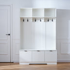 5-in-1 Hall Tree with Bench, Shoe Storage & Open Cabinets – White Modern Entryway Organizer