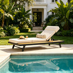 Black Iron and Teak Outdoor Chaise Lounge Set with Beige Cushion – 400 lb Capacity, Adjustable Backrest & Storage Surfac