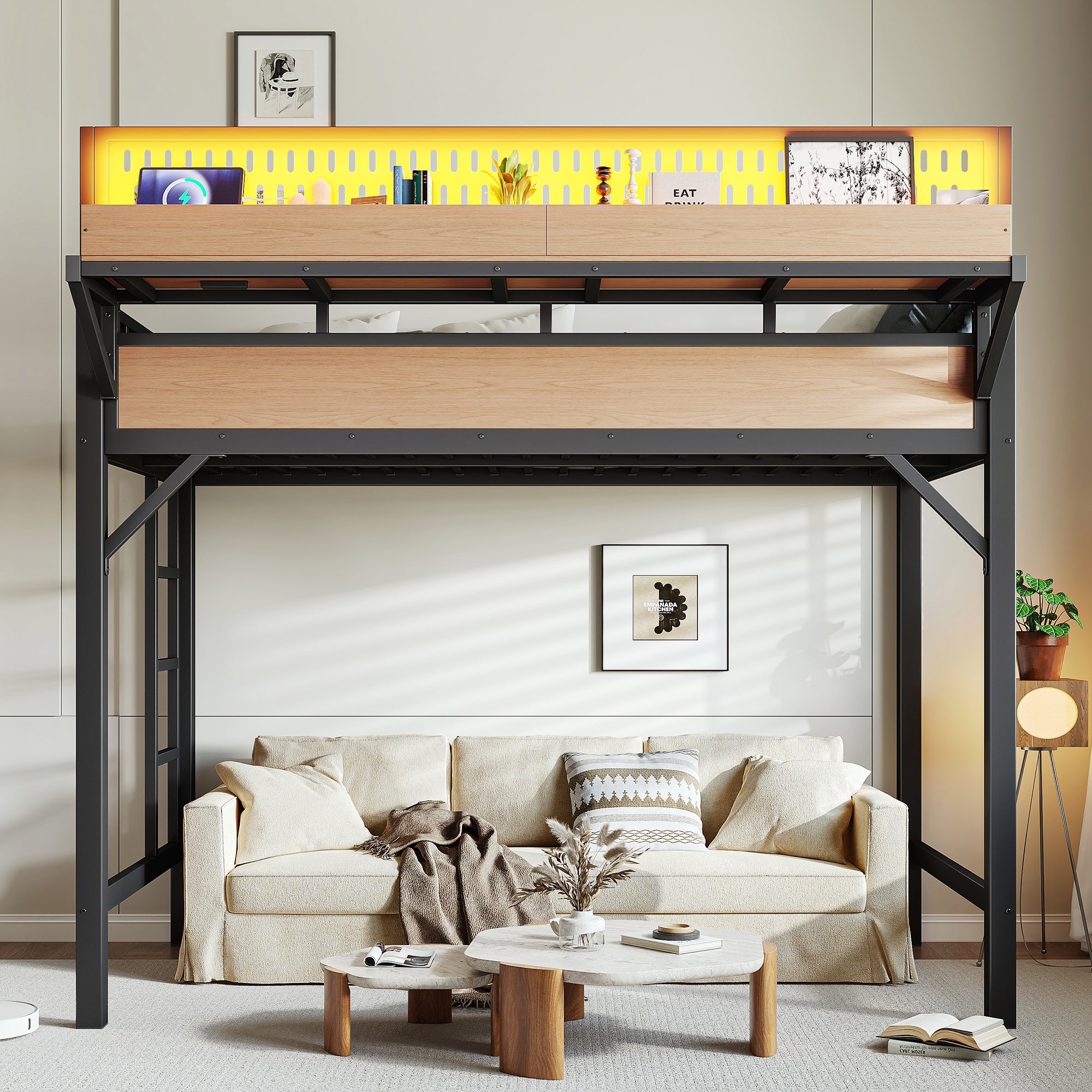 Close-up of USB charging ports and LED light strip on the loft bed frame
