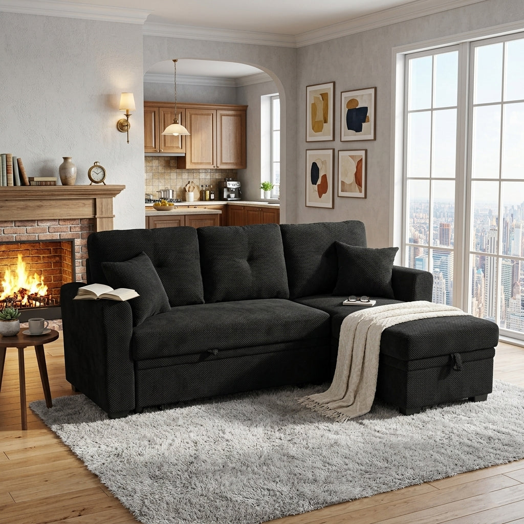 Front view of black L-shaped sleeper sofa with chaise and tufted backrest Main image