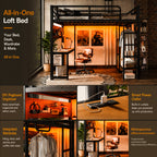 Full Size Metal Loft Bed with Desk, Shelves, USB Ports & Lights – Black - product detail image 7