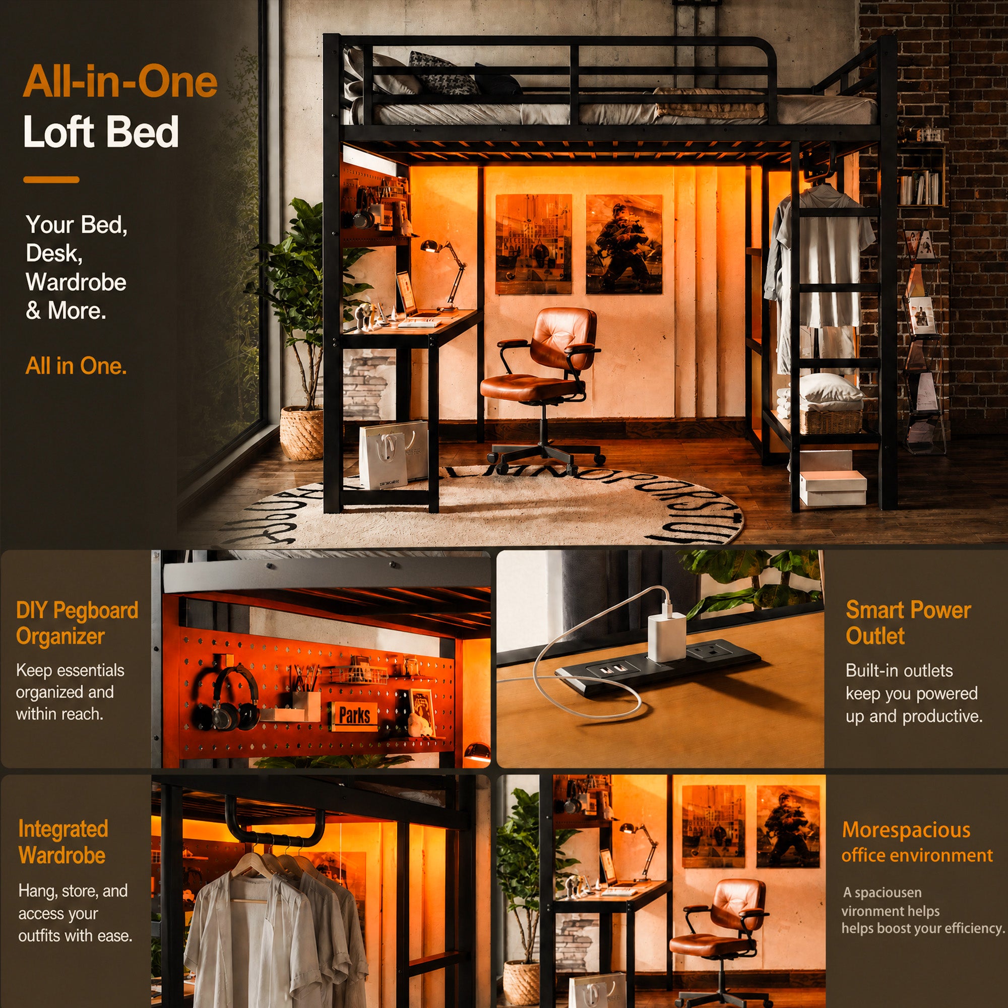 Full Size Metal Loft Bed with Desk, Shelves, USB Ports & Lights – Black - product detail image 7