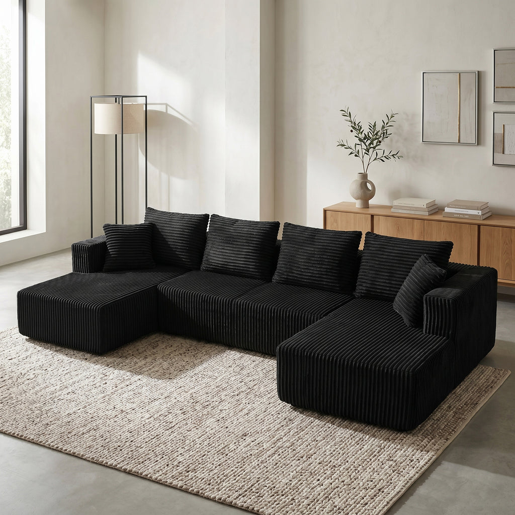 U-Shaped Corduroy Sectional Sofa with Double Chaise – 132" Black - product detail image 10