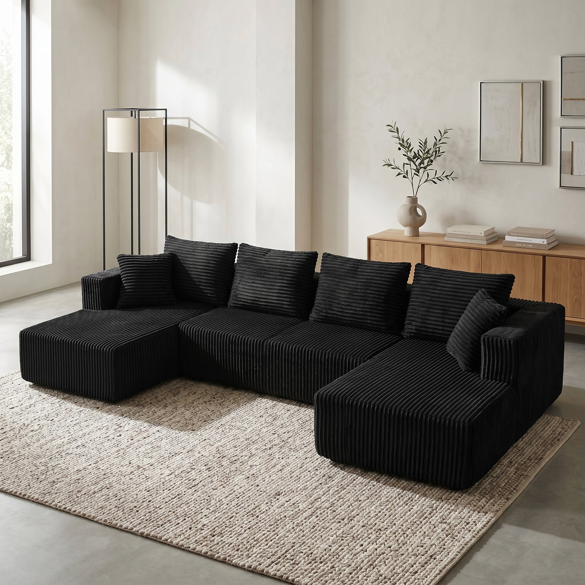 U-Shaped Corduroy Sectional Sofa with Double Chaise – 132" Black - product detail image 10