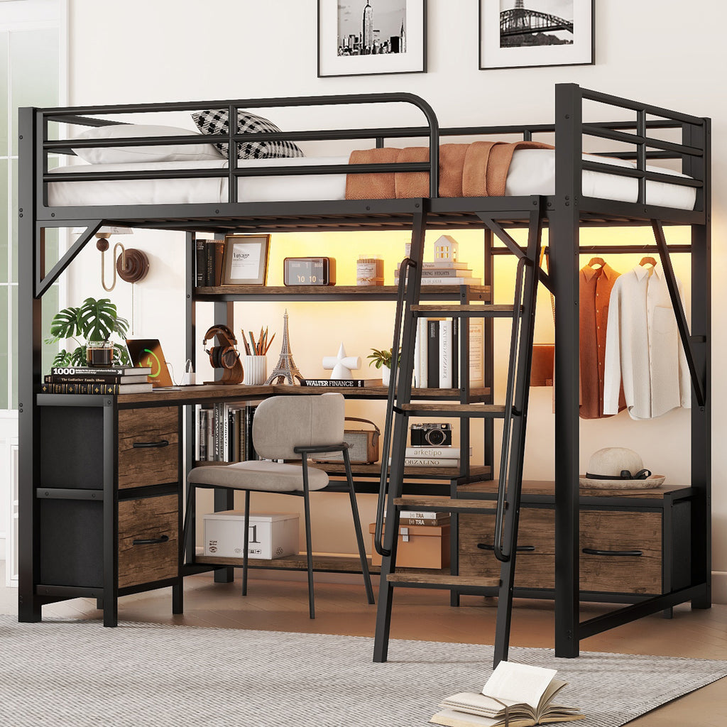 Full Size Metal Loft Bed with Desk, LED Light & Storage Shelves