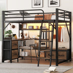 Full Size Metal Loft Bed with Desk, LED Light & Storage Shelves