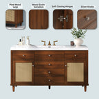 60" Modern Bathroom Vanity with SMC Sink, Soft-Close Drawers & Rattan Doors