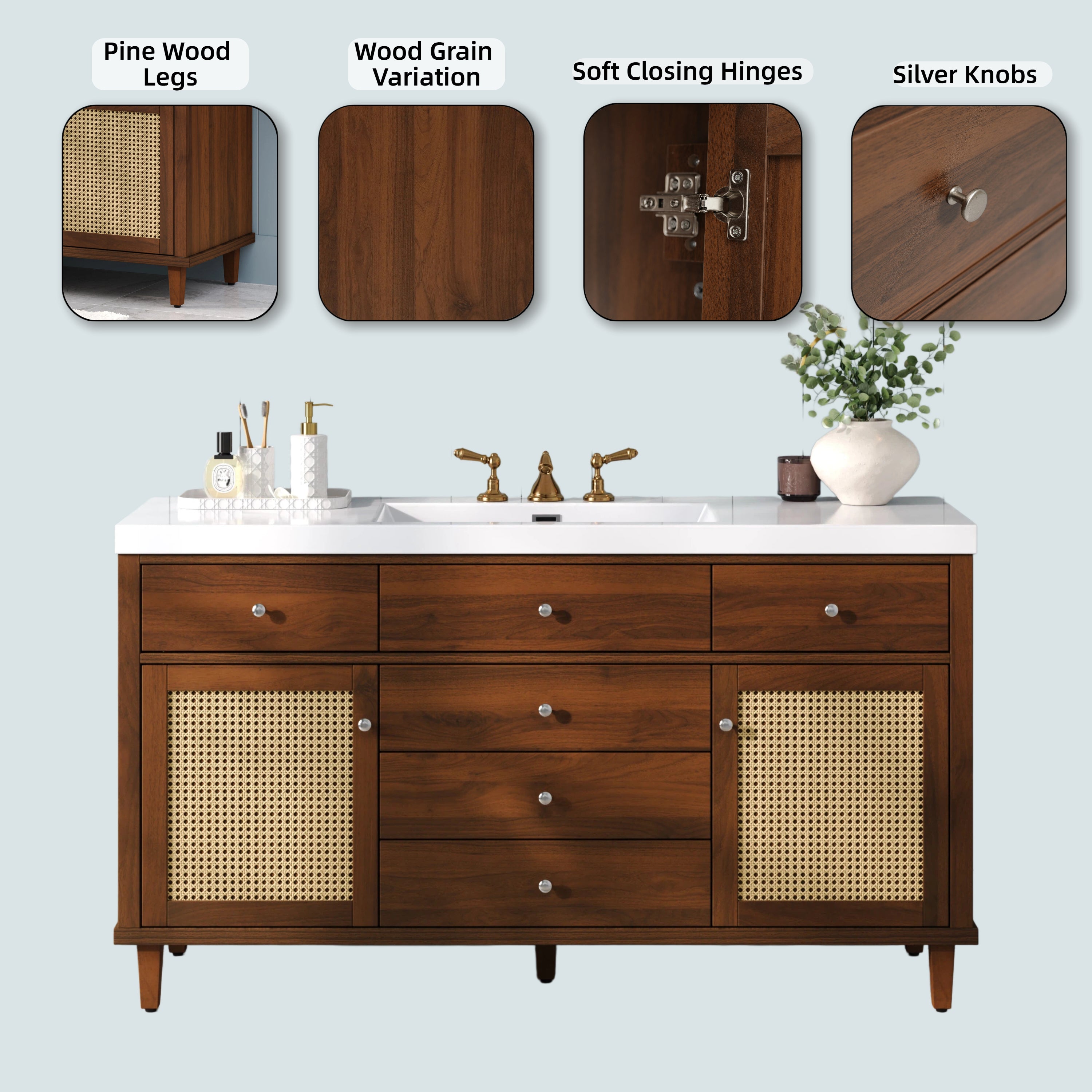 60" Modern Bathroom Vanity with SMC Sink, Soft-Close Drawers & Rattan Doors