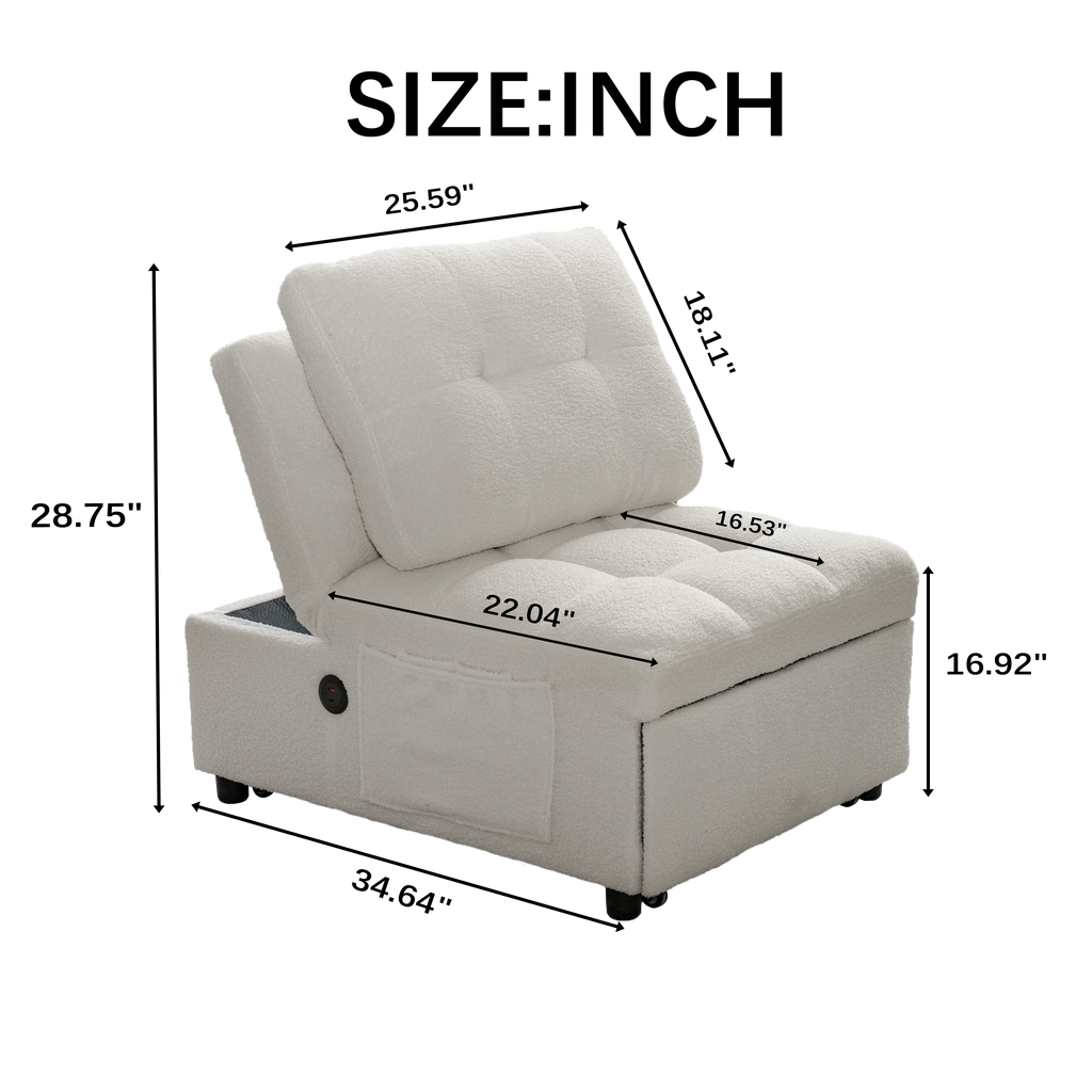 Single Sofa Bed with Adjustable Backrest, Teddy Fabric, USB Port & Side Pockets