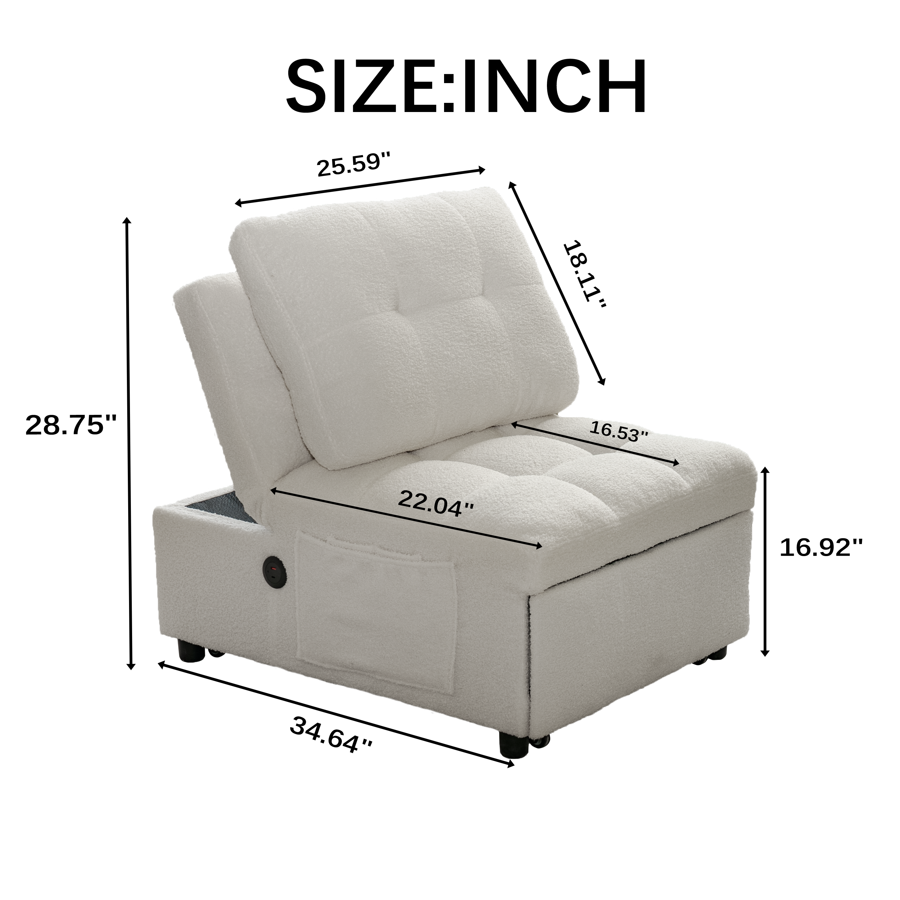 Single Sofa Bed with Adjustable Backrest, Teddy Fabric, USB Port & Side Pockets