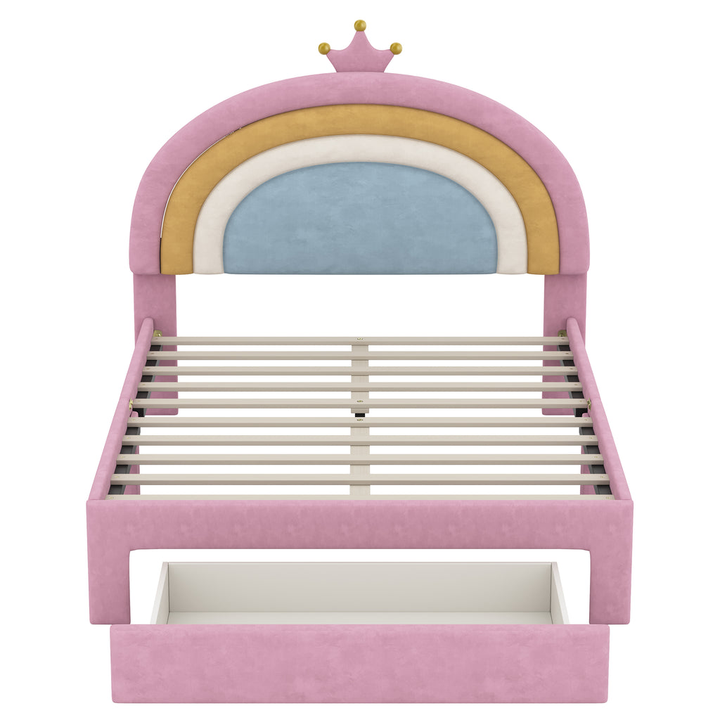 Full Size Upholstered Rainbow Velvet Platform Bed with Storage Drawer – Pink