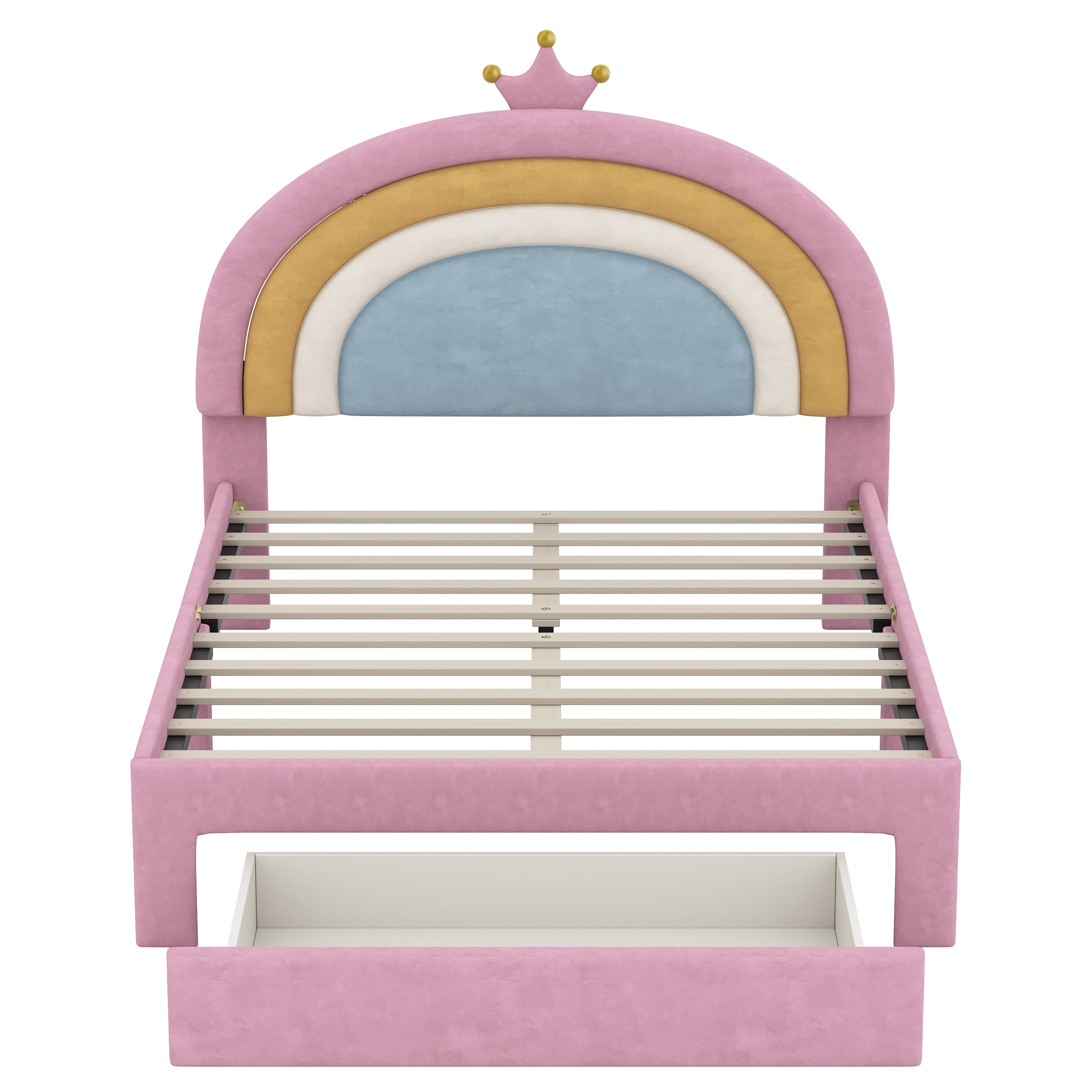 Full Size Upholstered Rainbow Velvet Platform Bed with Storage Drawer – Pink