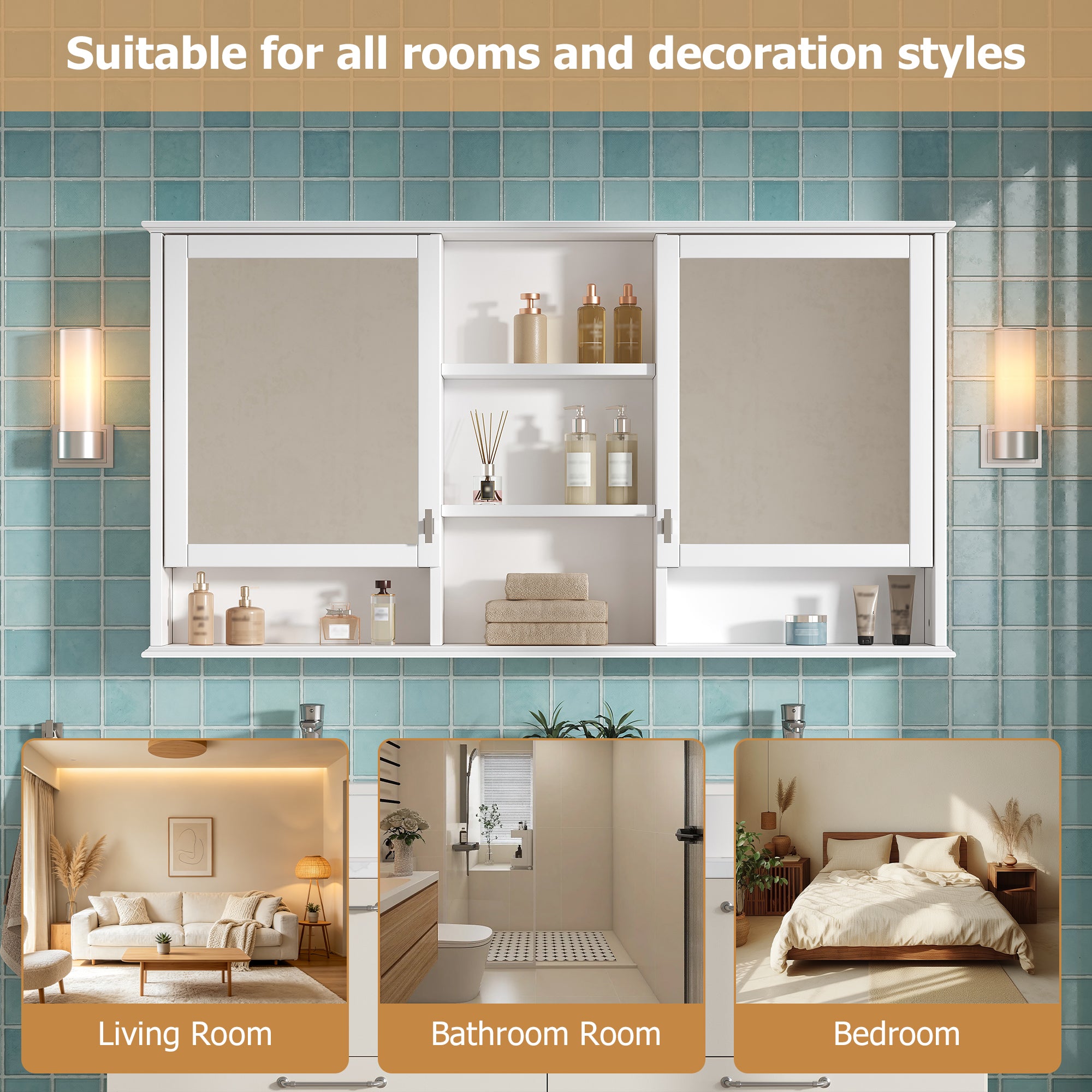 55-inch Wall-Mount Mirror Cabinet with Adjustable Shelves and Soft-Close Doors