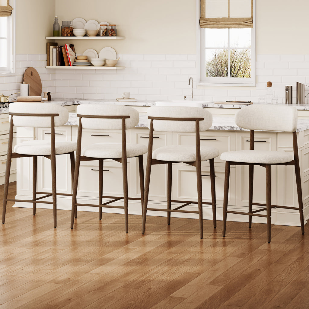 Counter Height Bar Stools Set of 2 – Modern Beige Upholstered Stools with Metal Legs for Kitchen Island