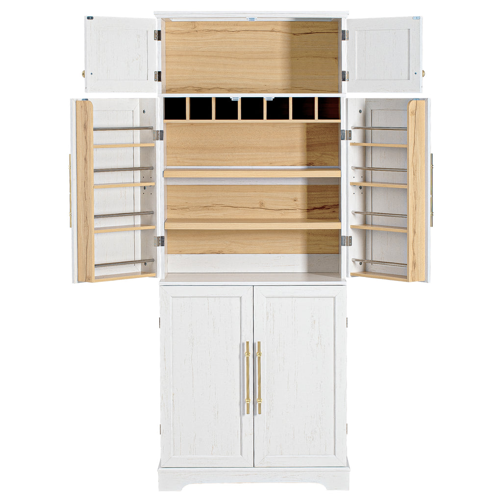 78.2" Tall Farmhouse Kitchen Pantry Cabinet – White, 6 Doors, 4 Adjustable Shelves, Hidden Drawer & Wine Rack
