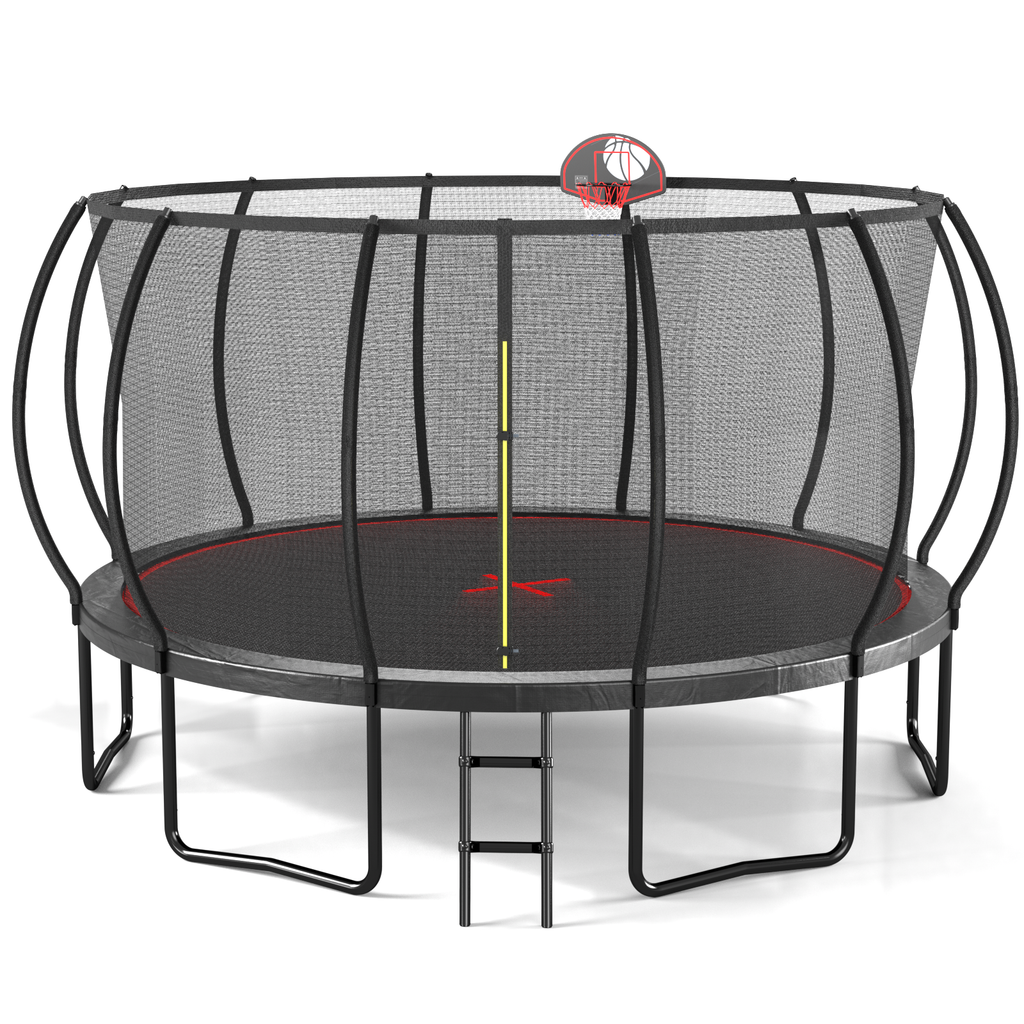 16-Foot Outdoor Trampoline with Safety Enclosure, Basketball Hoop & Ladder – Black and Red