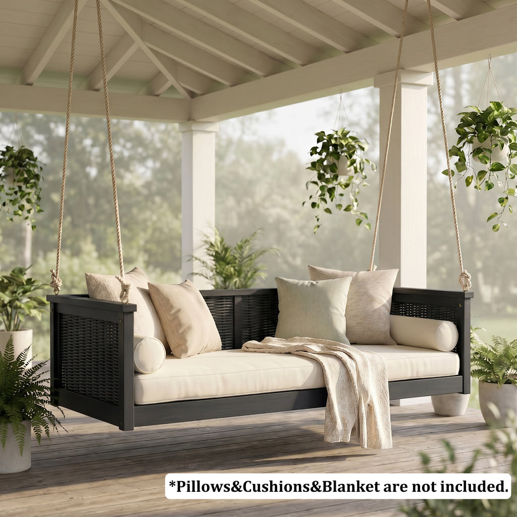 Outdoor Twin Swing Bed with Acacia Wood Frame & Rattan Weave – Black