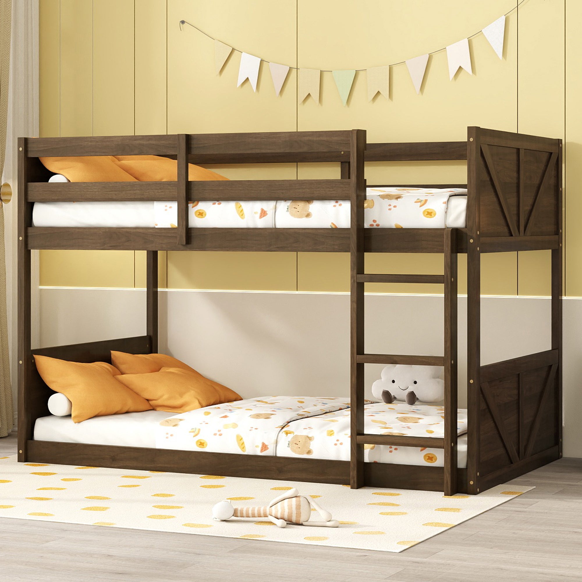 Twin Over Twin Floor Bunk Bed in Antique Oak – Solid Rubber Wood, Built-in Ladder & Safety Guardrails