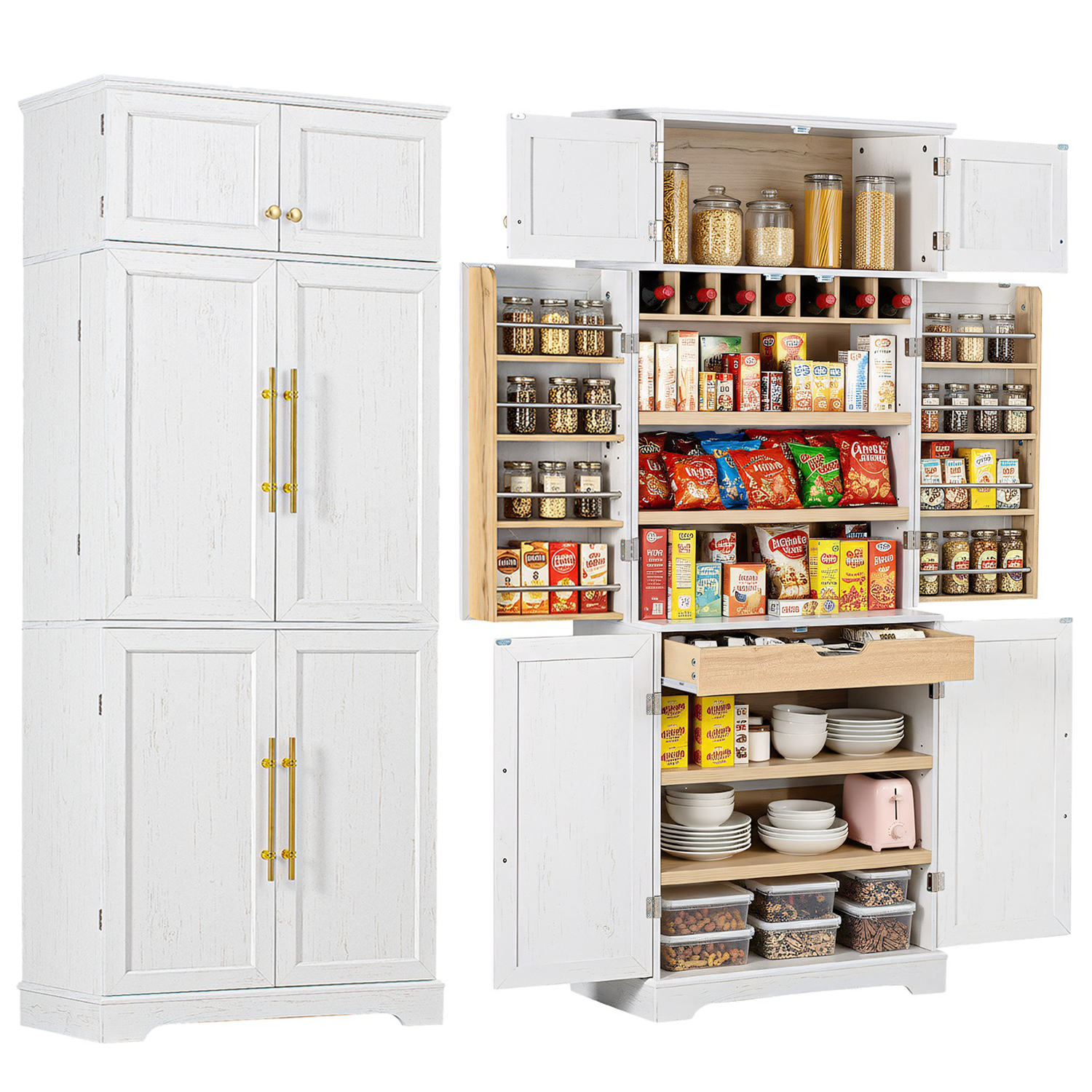 78.2" Tall Farmhouse Kitchen Pantry Cabinet – White, 6 Doors, 4 Adjustable Shelves, Hidden Drawer & Wine Rack Main image