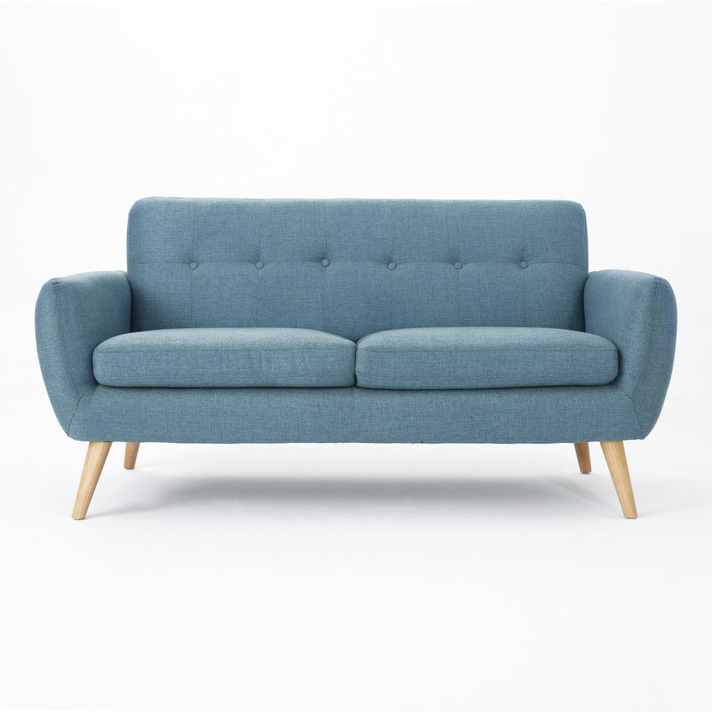 67.25" Blue Fabric Button-Tufted Loveseat with Waffle Stitch & Tapered Wood Legs