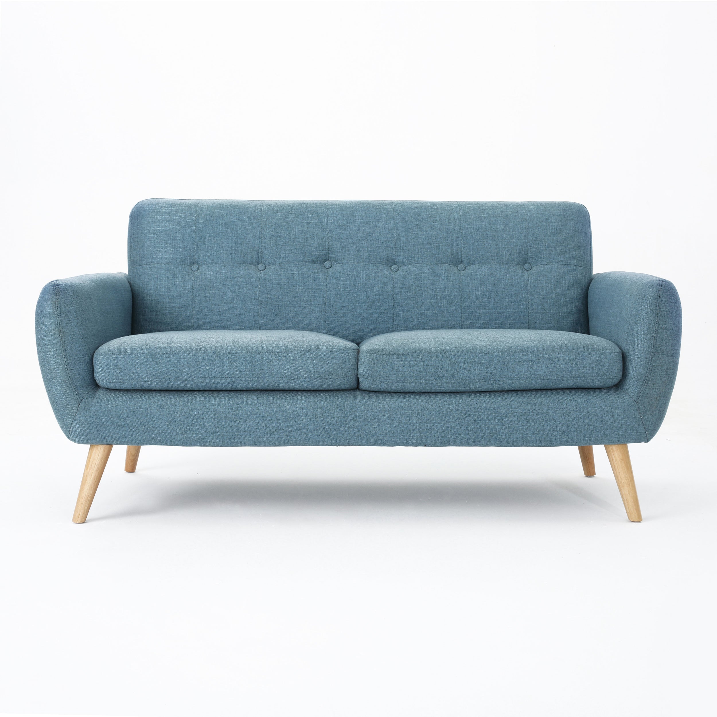 67.25" Blue Fabric Button-Tufted Loveseat with Waffle Stitch & Tapered Wood Legs