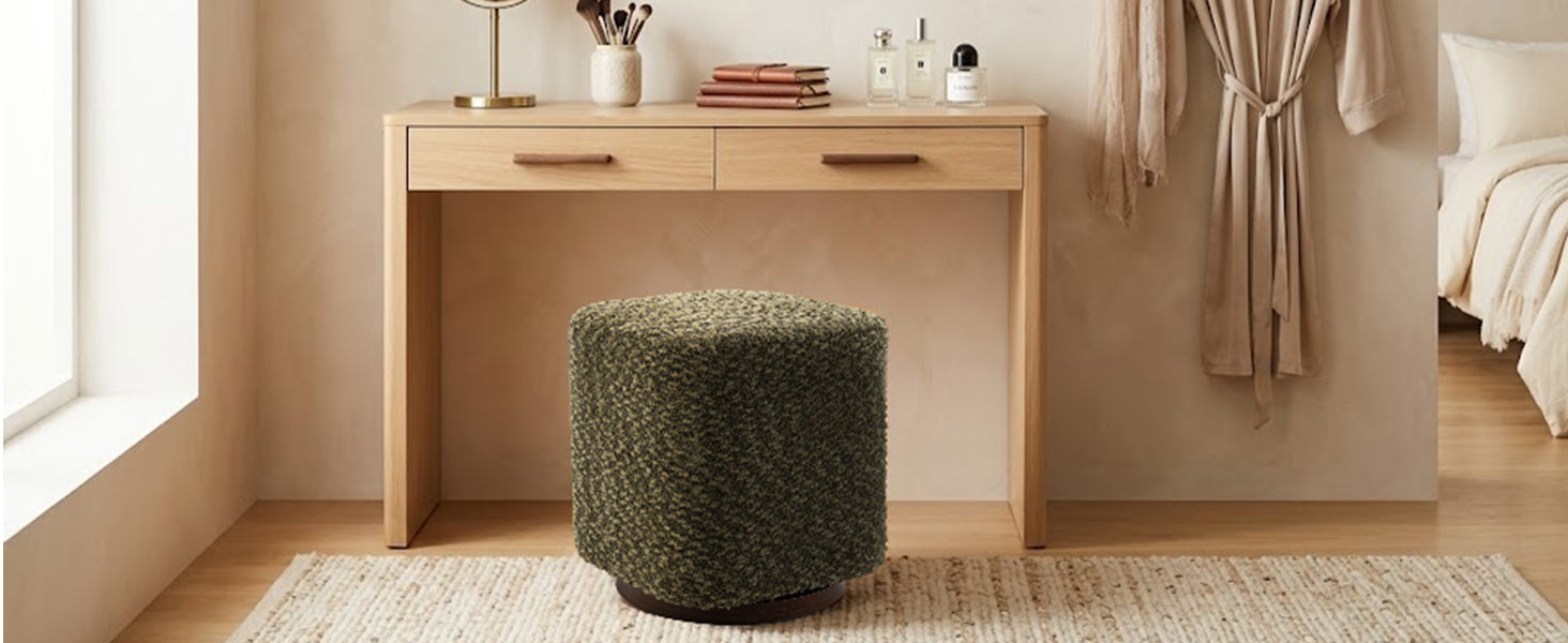 Olive vanity stool placed beside a bedroom vanity table