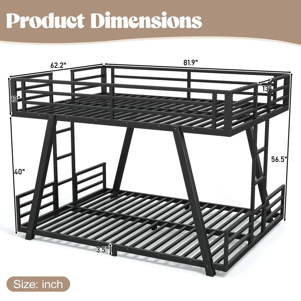 Queen over Queen Metal Bunk Bed with Dual Side Ladders and Low Profile Design – Black