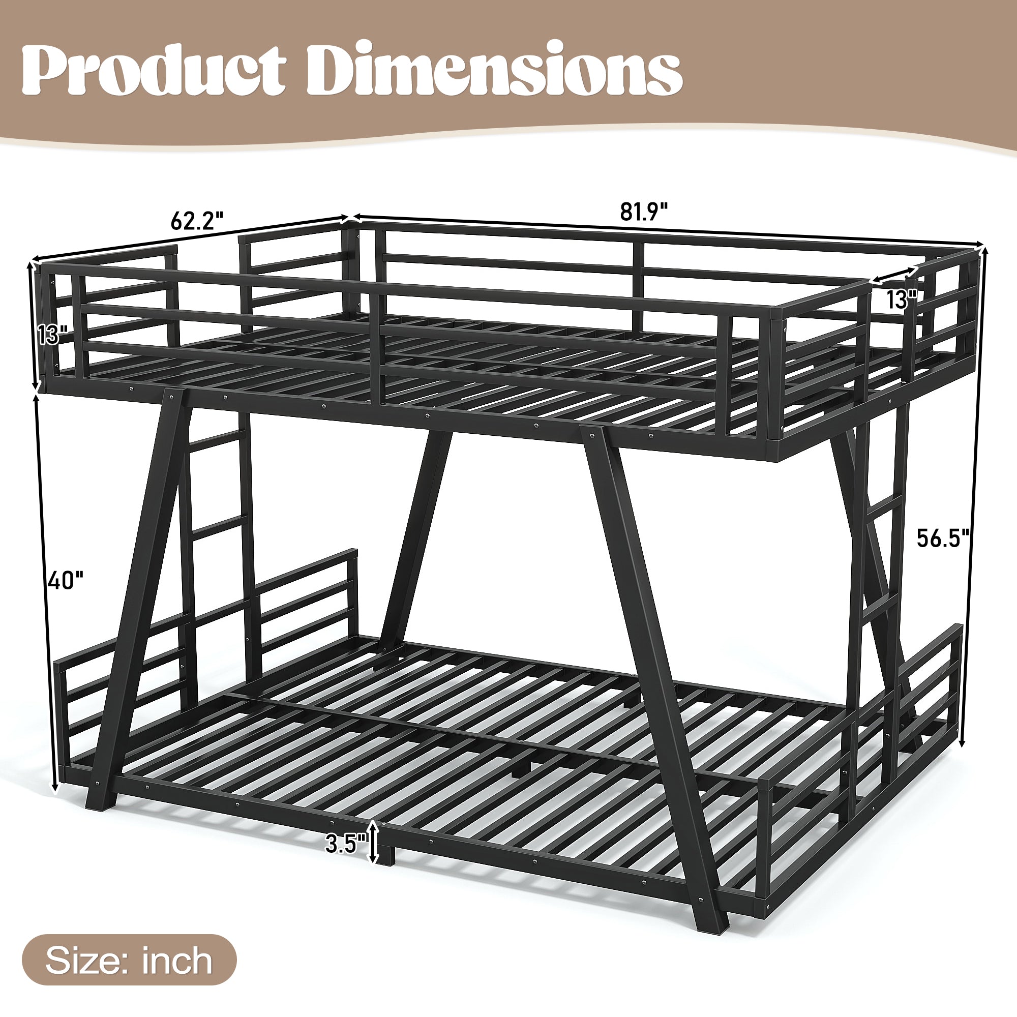 Queen over Queen Metal Bunk Bed with Dual Side Ladders and Low Profile Design – Black
