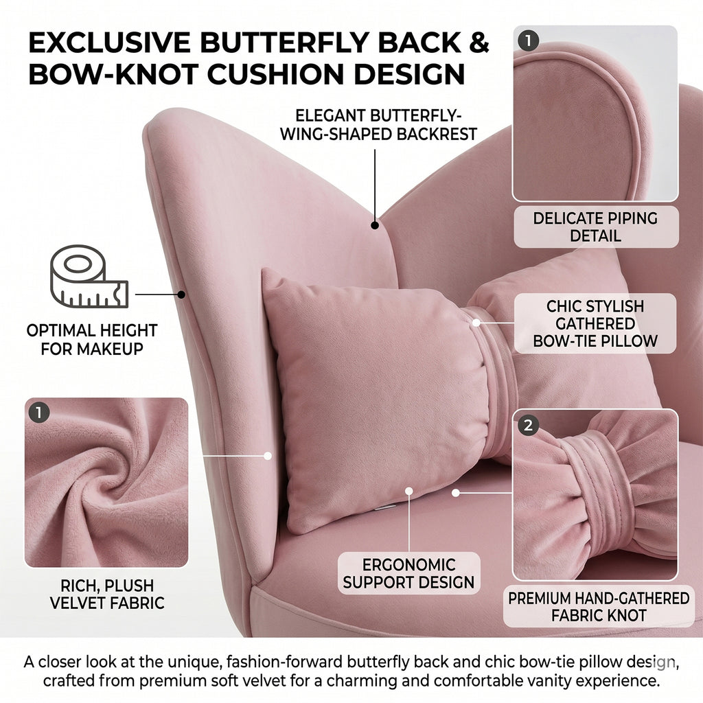 Pink Butterfly Back Swivel Vanity Chair with Triangular Base