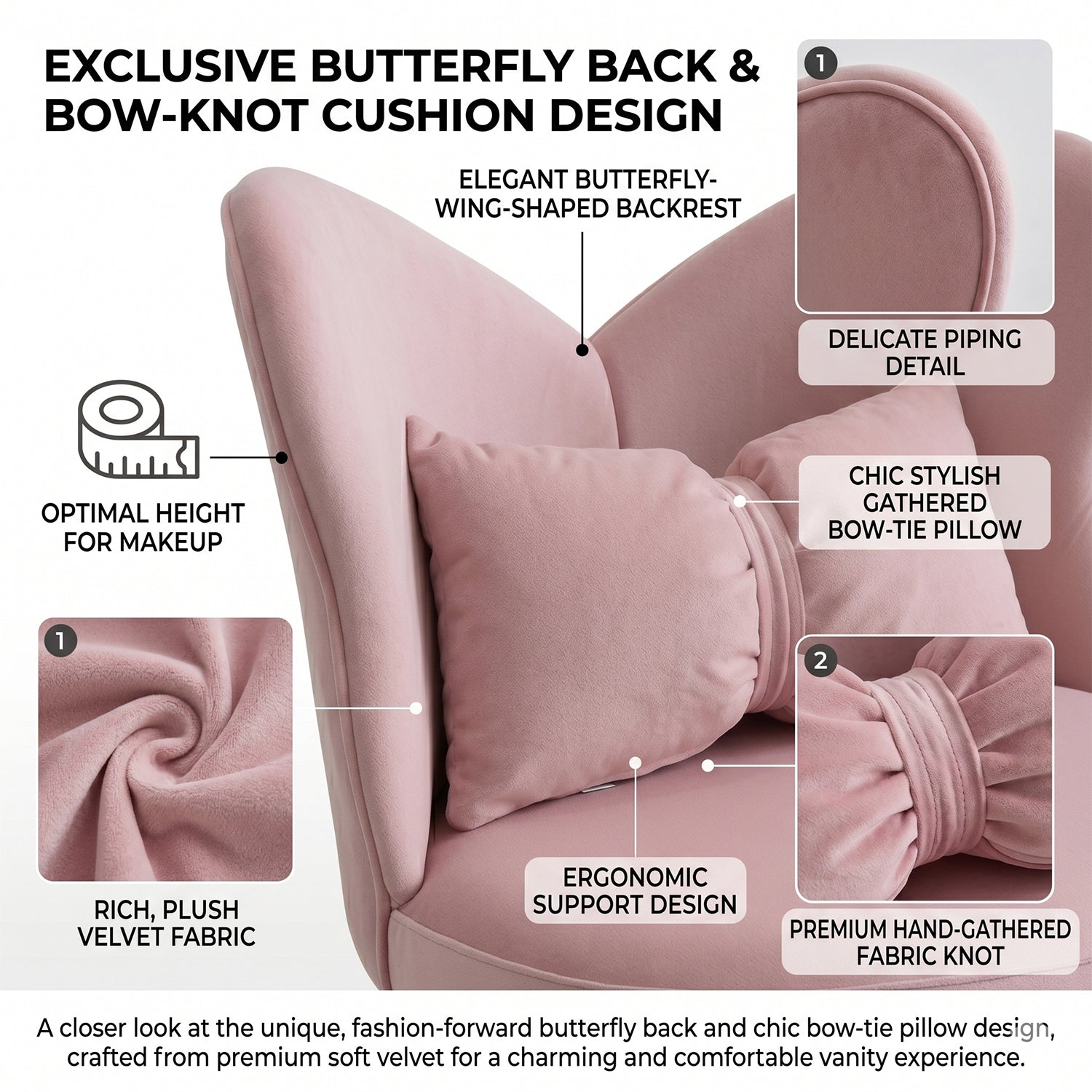 Pink Butterfly Back Swivel Vanity Chair with Triangular Base