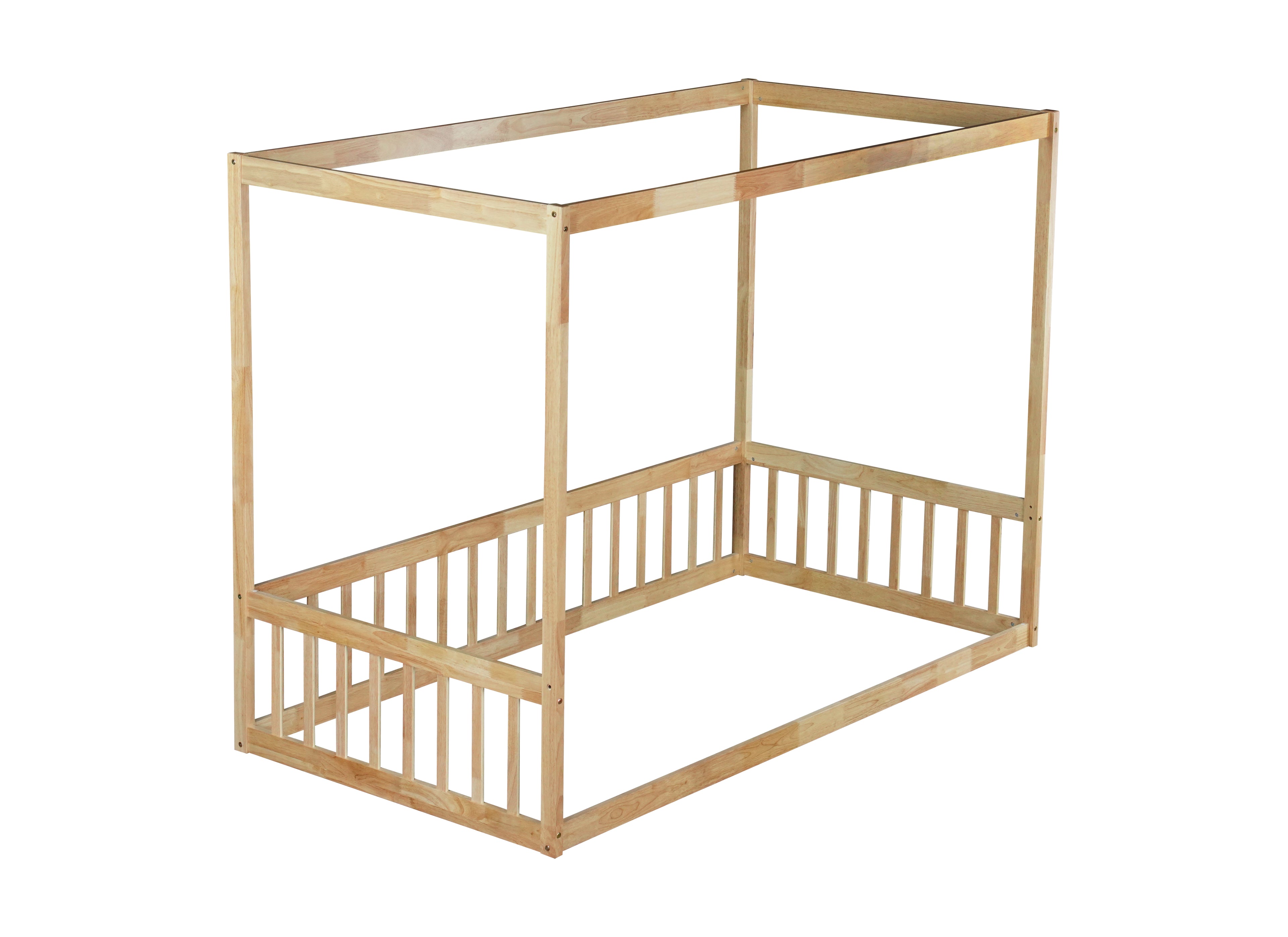 Twin Canopy Frame Floor Bed with Guardrails in Natural Wood