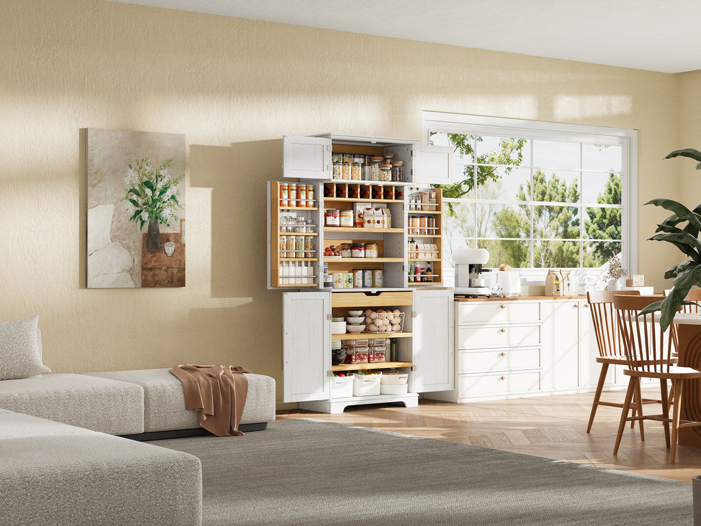 78.2" Tall Farmhouse Kitchen Pantry Cabinet – White, 6 Doors, 4 Adjustable Shelves, Hidden Drawer & Wine Rack