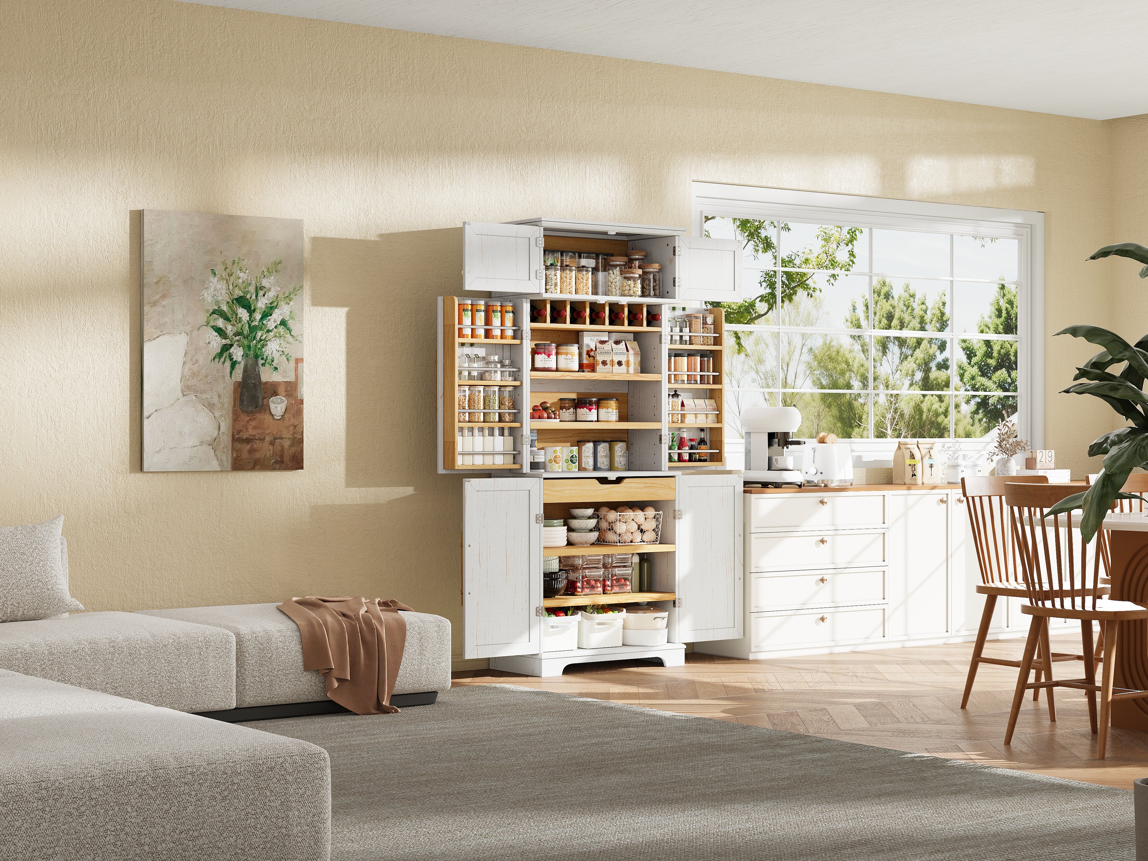 78.2" Tall Farmhouse Kitchen Pantry Cabinet – White, 6 Doors, 4 Adjustable Shelves, Hidden Drawer & Wine Rack