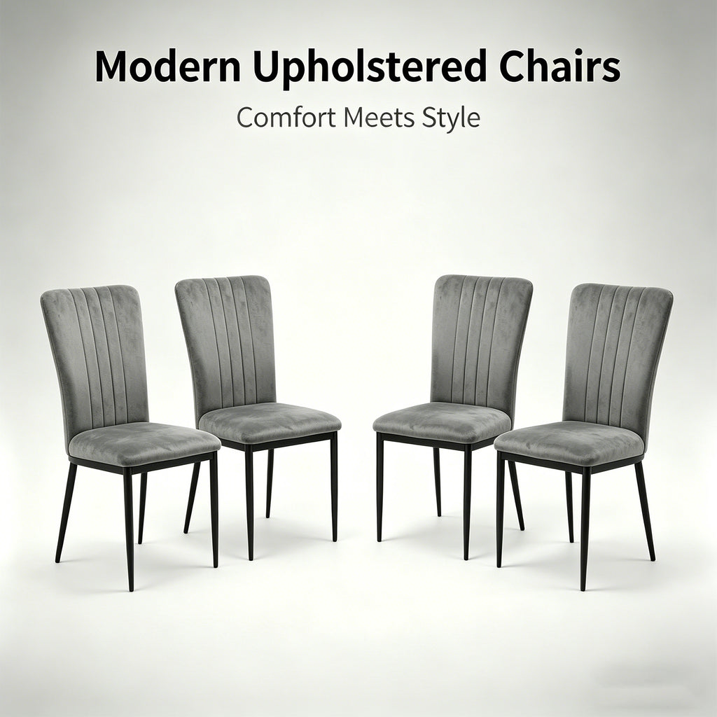 Set of 4 Modern Dark Gray Velvet Dining Chairs with Metal Legs & Adjustable Feet