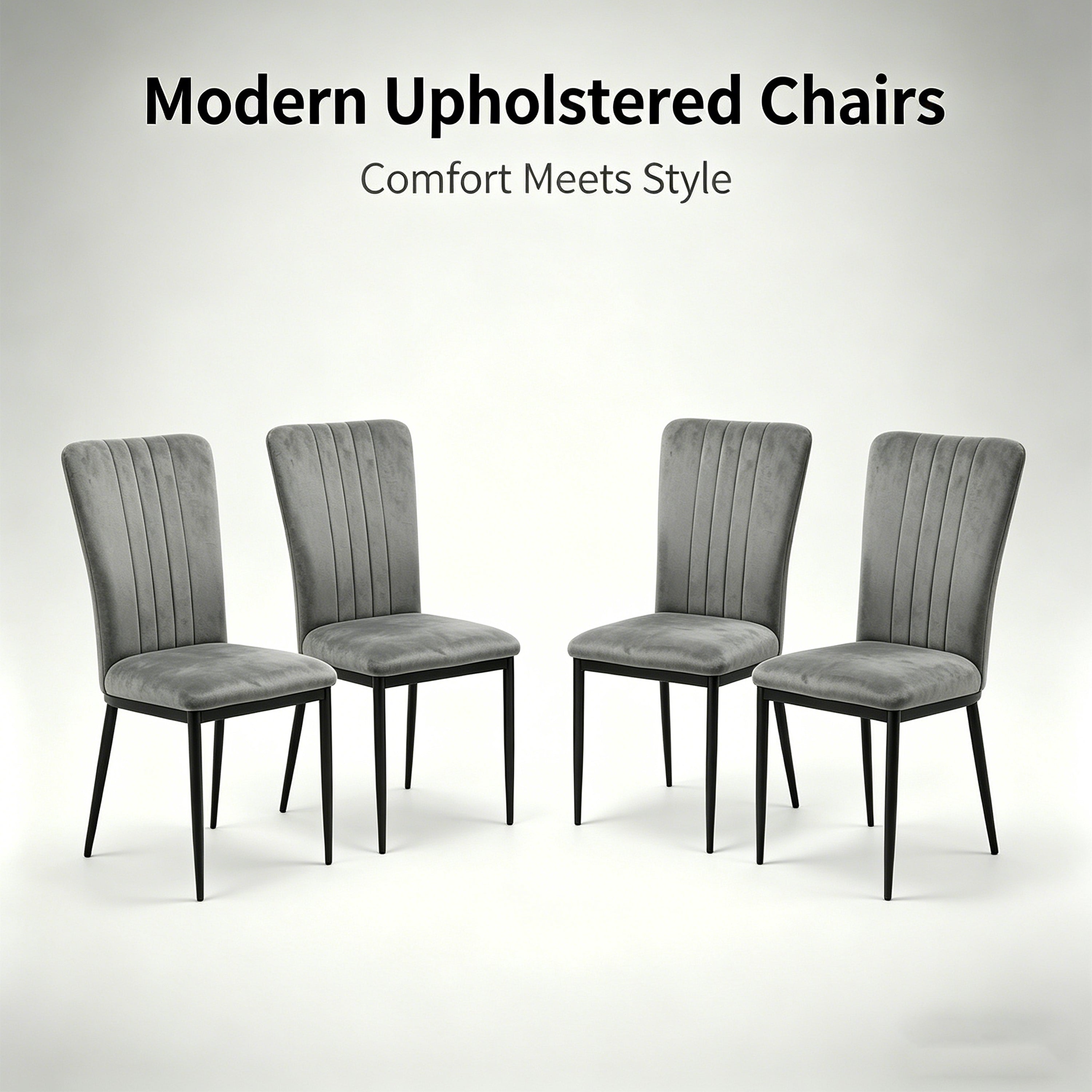 Set of 4 Modern Dark Gray Velvet Dining Chairs with Metal Legs & Adjustable Feet