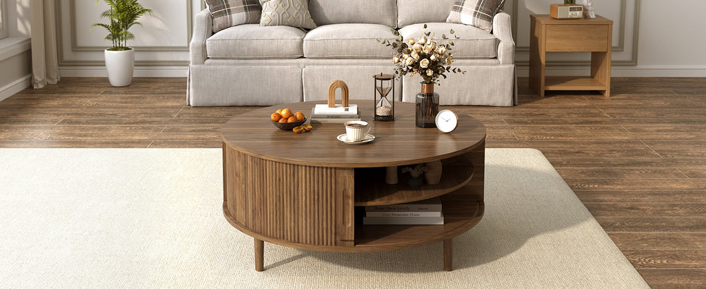 Minimalist Round Lift-Top Coffee Table with Hidden Storage & Pine Legs - product detail image 6