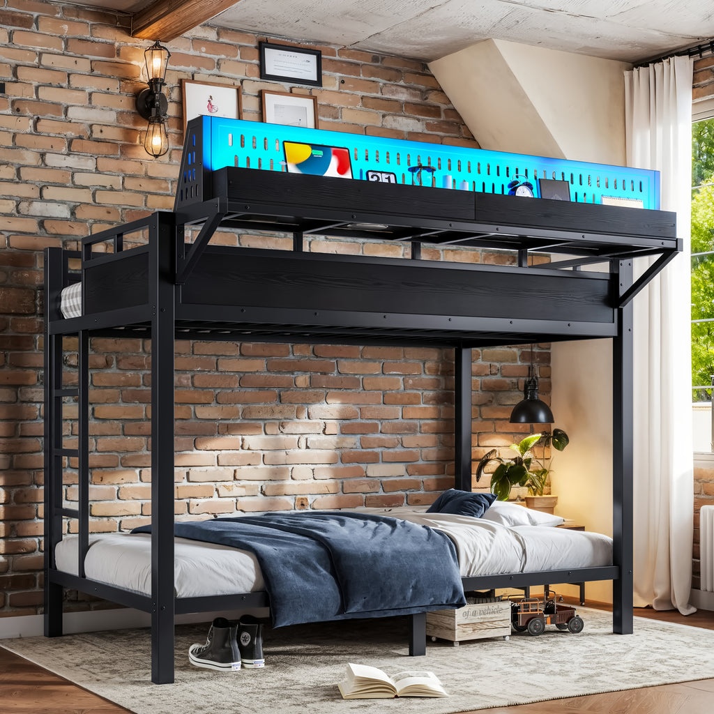 Side view showing USB ports and LED light strip on the bunk bed frame