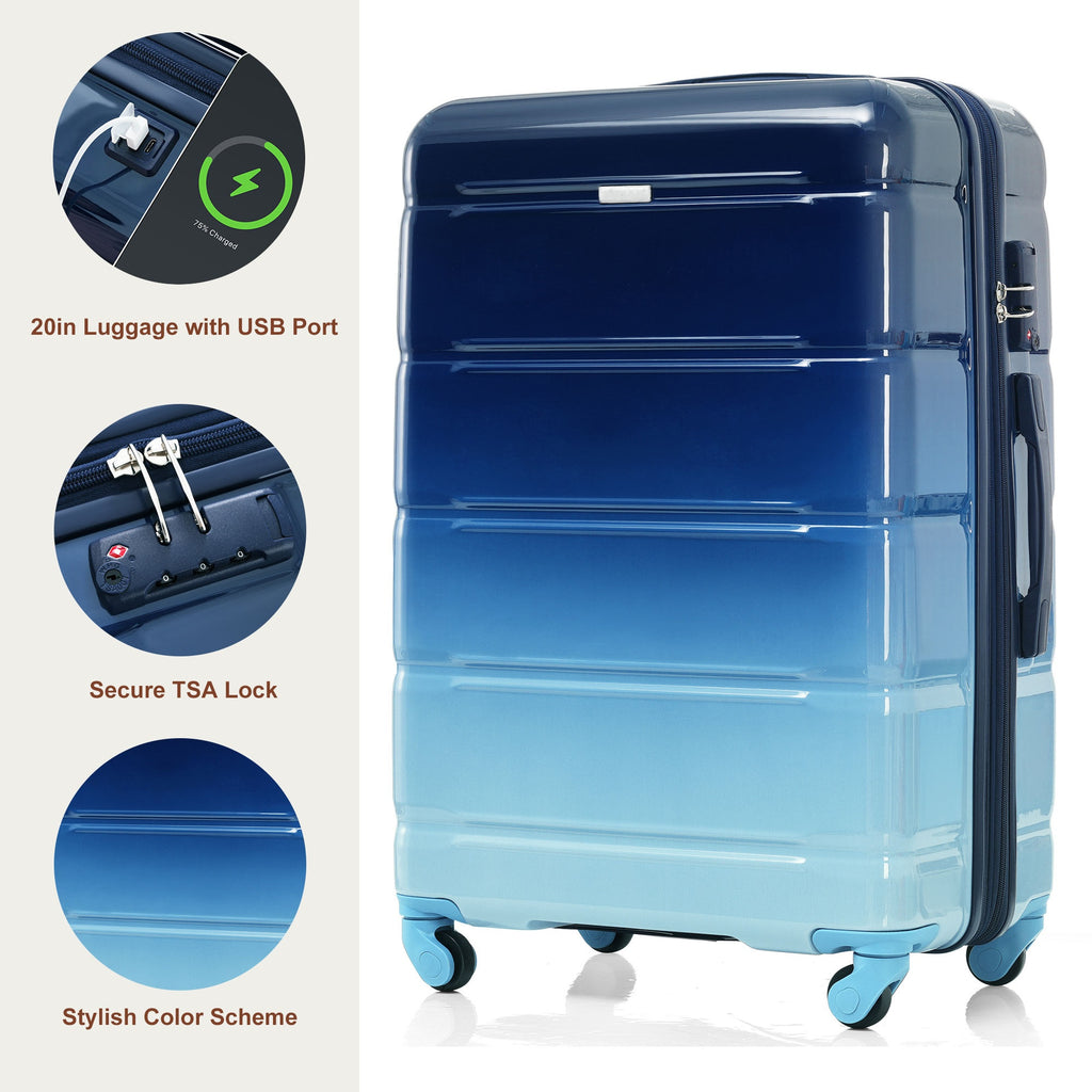 3-Piece ABS+PC Hard Shell Luggage Set with USB Charging Port – Gradient Blue