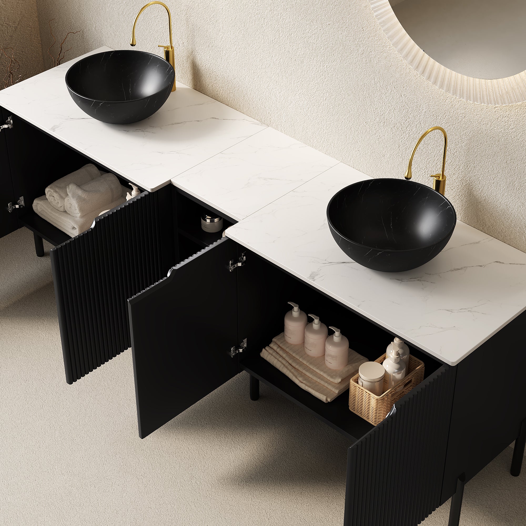 72" Freestanding Double Bathroom Vanity with Ceramic Vessel Sinks & Carrara White Countertop Secondary image